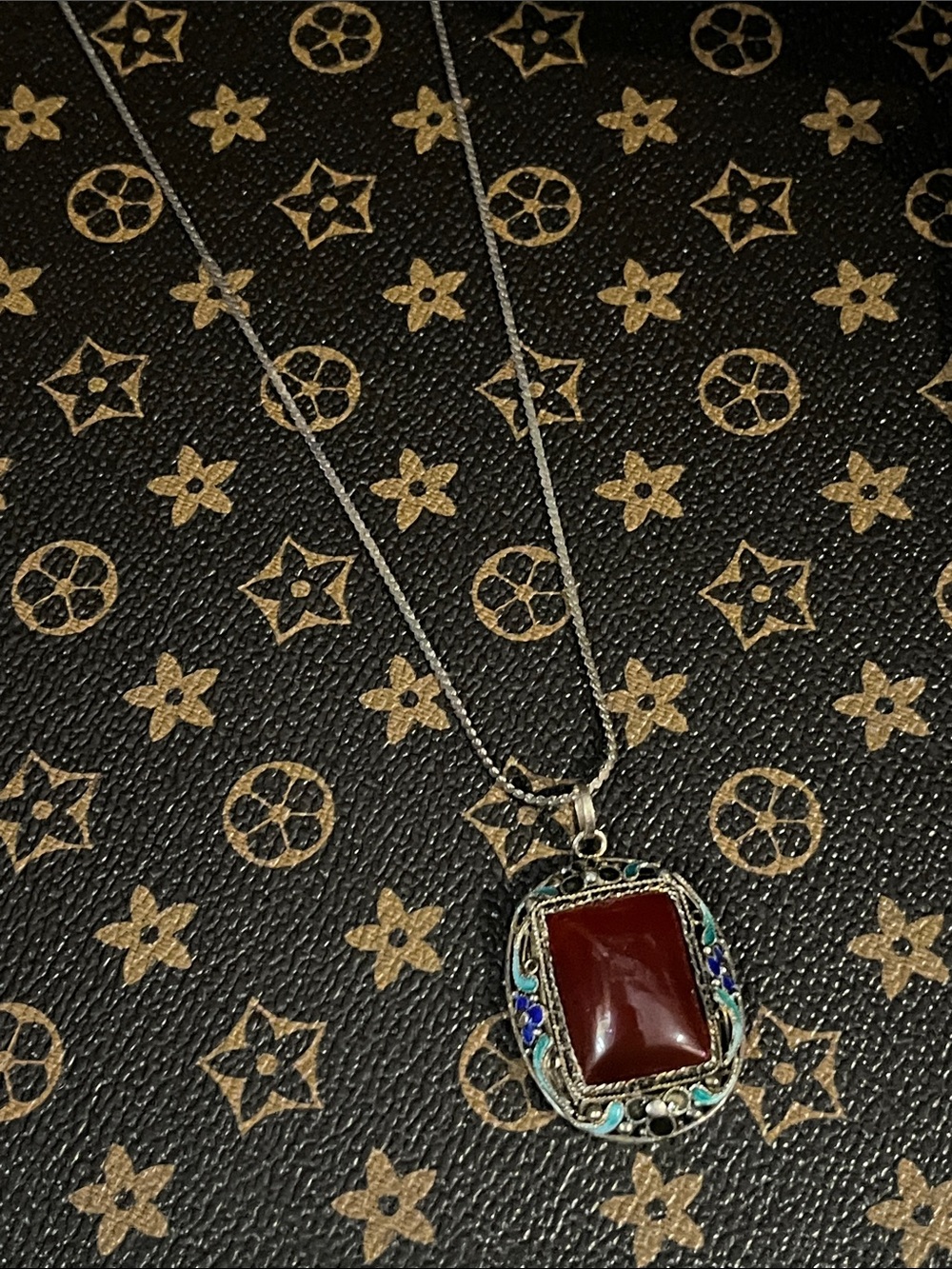 Antique Ottoman Empire style Carnelian pendant + Enamel Cloisonné frame